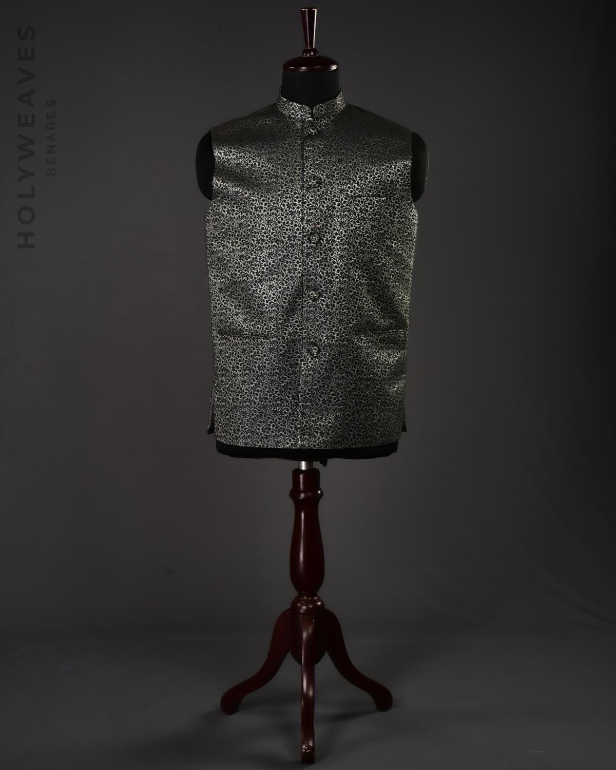 Black On Gray Banarasi Resham Brocade Handwoven Poly Silk Mens Modi Jacket - By HolyWeaves, Benares