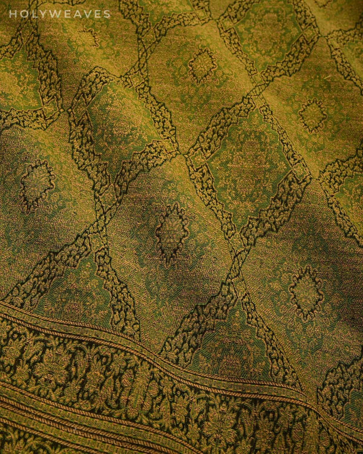 Black On Green Banarasi Alfi Damask Jamawar Handwoven Silk-wool Shawl - By HolyWeaves, Benares