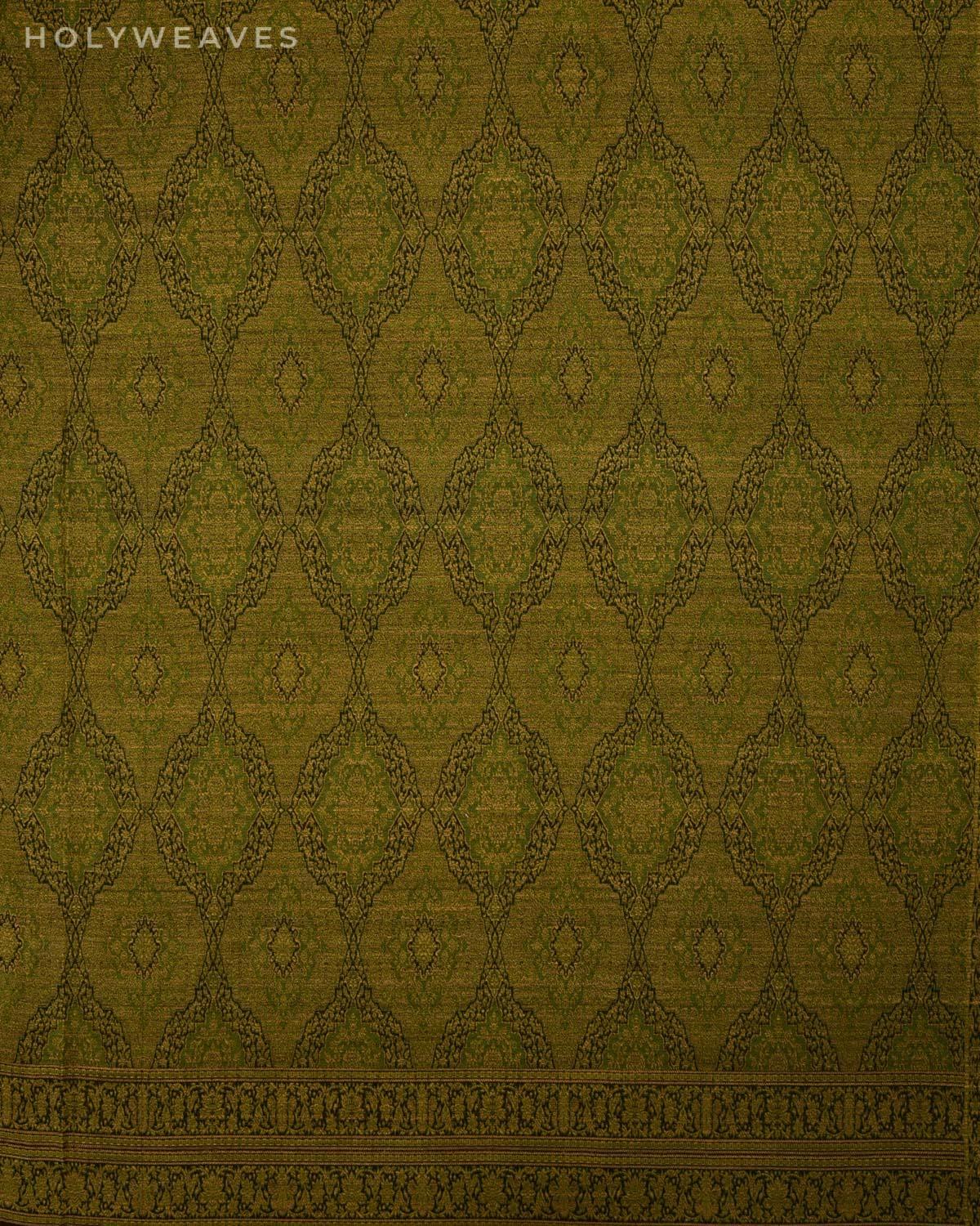 Black On Green Banarasi Alfi Damask Jamawar Handwoven Silk-wool Shawl - By HolyWeaves, Benares