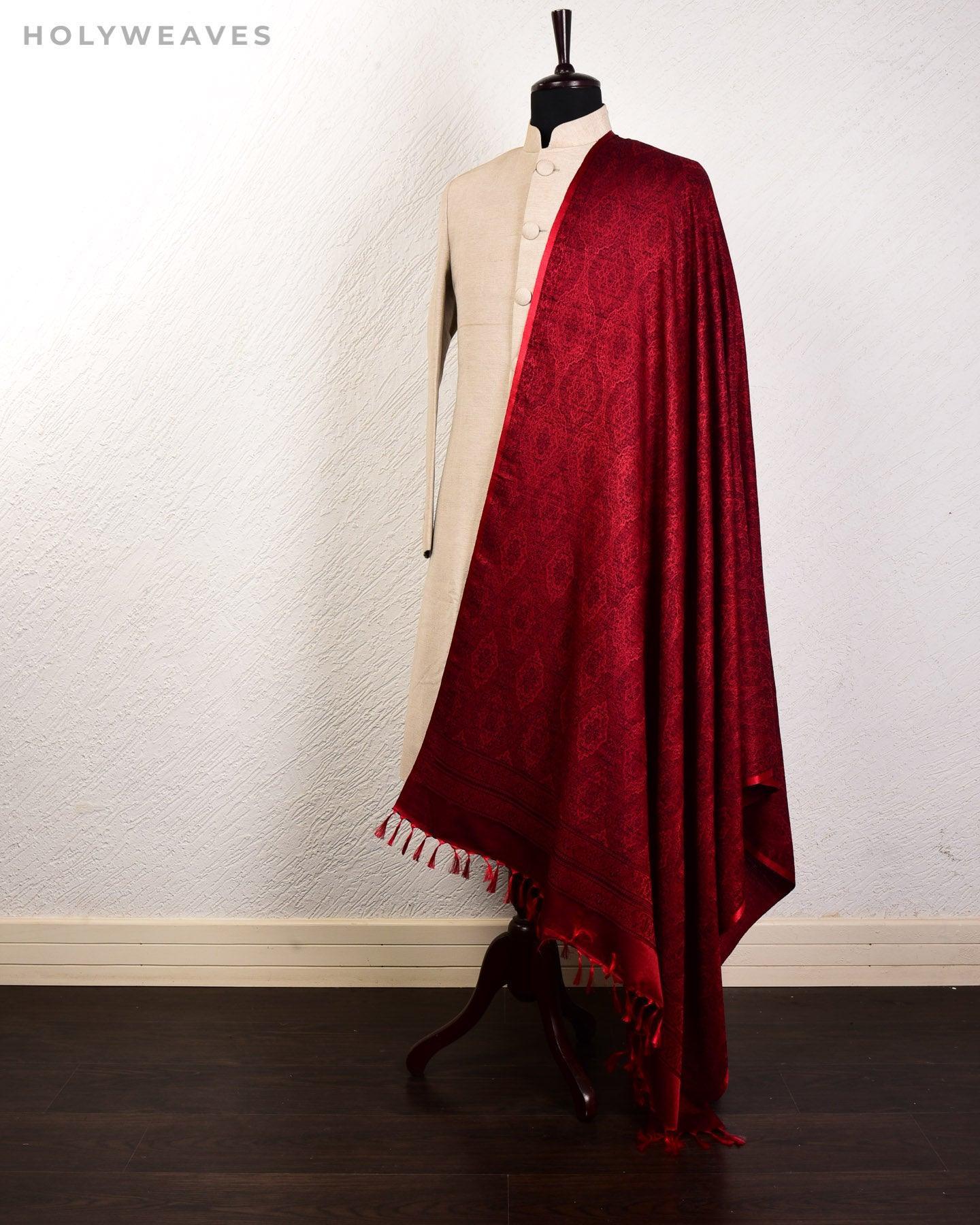Black On Red Banarasi Alfi Damask Jamawar Handwoven Silk-wool Shawl - By HolyWeaves, Benares