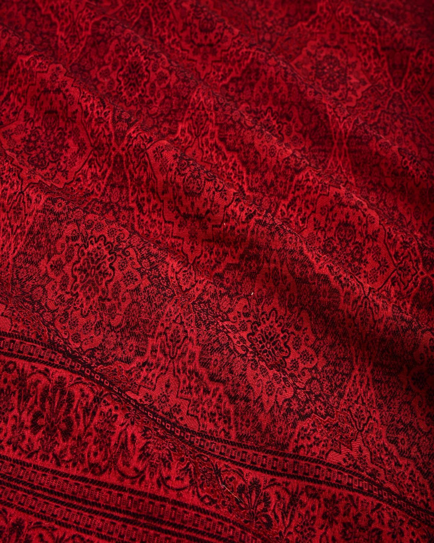 Black On Red Banarasi Alfi Damask Jamawar Handwoven Silk-wool Shawl - By HolyWeaves, Benares