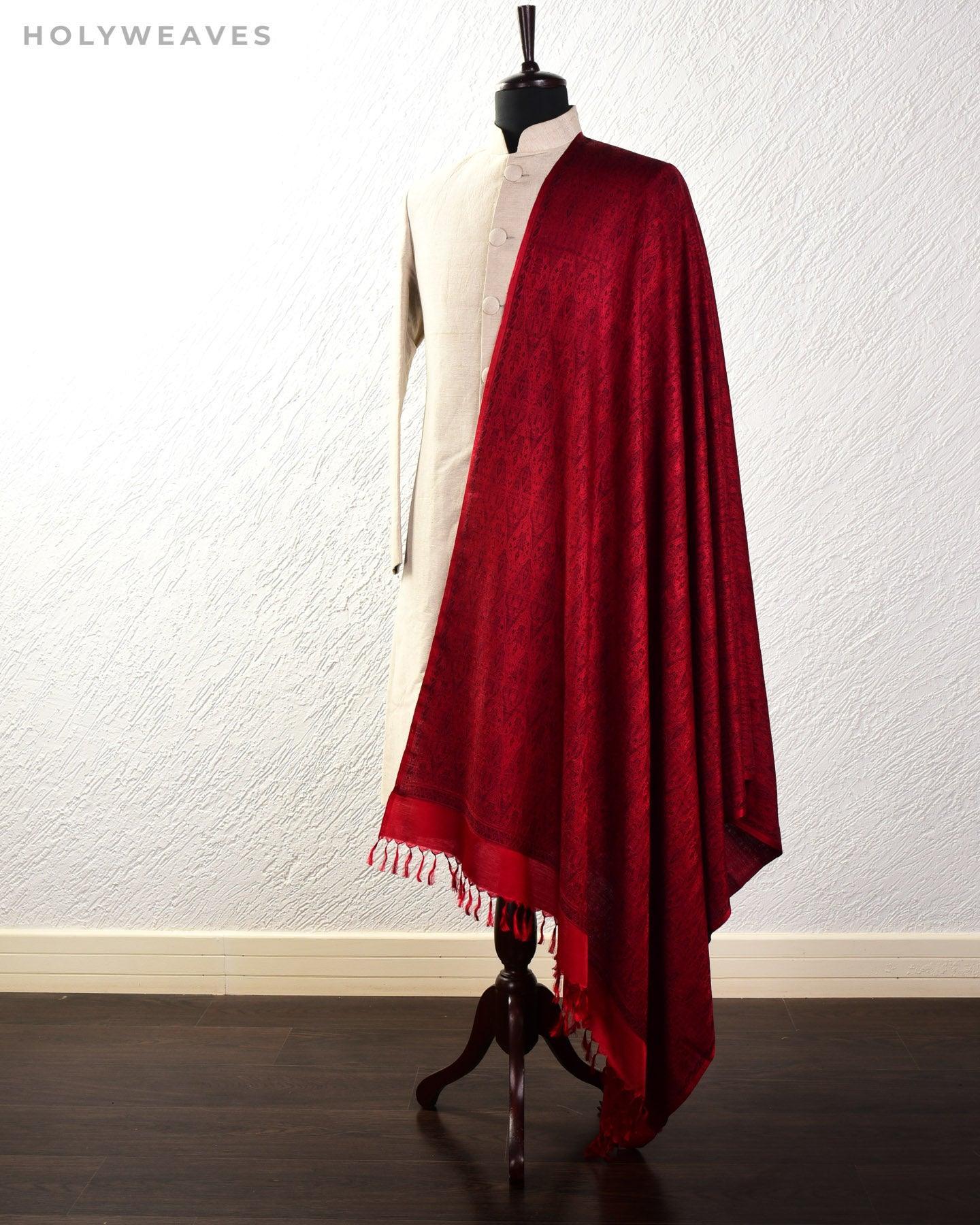 Black on Red Banarasi Alfi Jamawar Handwoven Silk-wool Shawl - By HolyWeaves, Benares