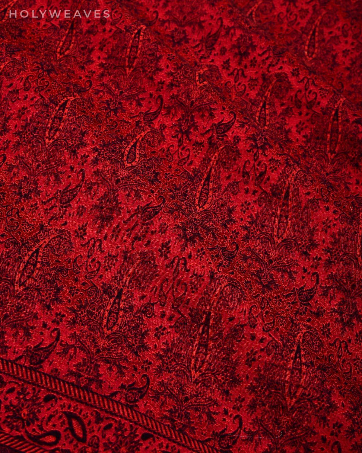 Black On Red Banarasi Alfi Paisley Jamawar Handwoven Silk-wool Shawl - By HolyWeaves, Benares