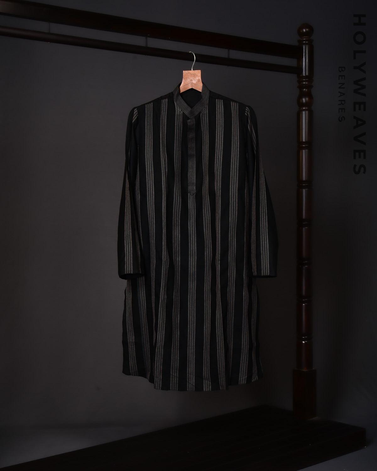Black Pintuck Cotton Silk Mens Kurta Pyjama - By HolyWeaves, Benares