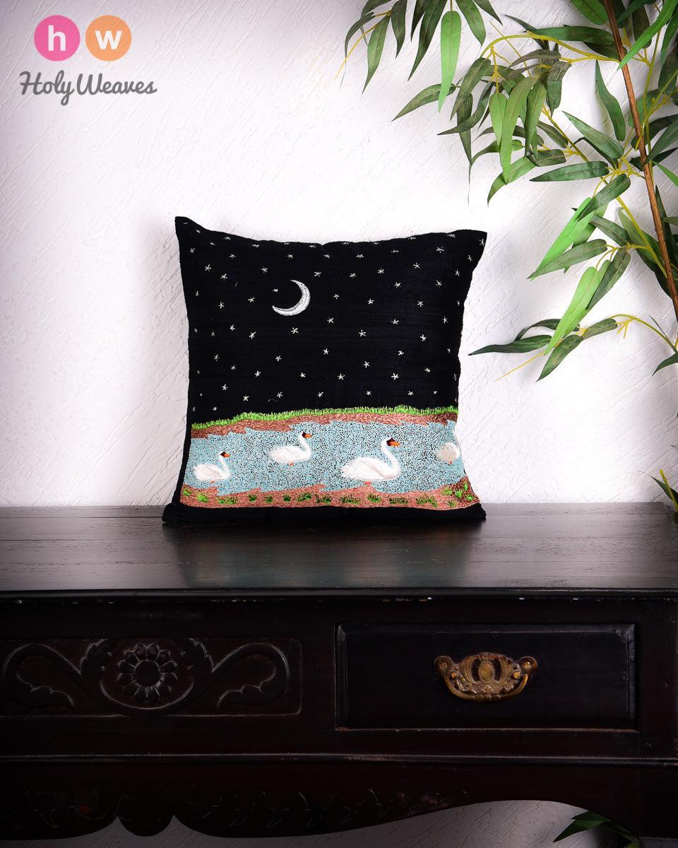 Black Premium Hand-embroidered Raw Silk Centrepiece Cushion Cover 16" - By HolyWeaves, Benares