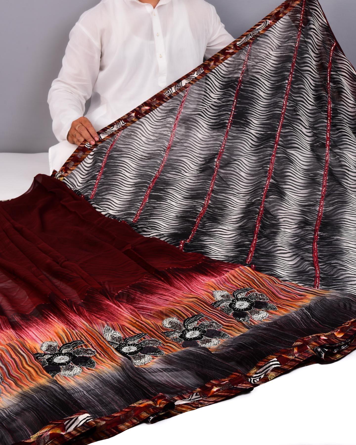 Black Printed Hand-embroidered Georgette Saree - By HolyWeaves, Benares