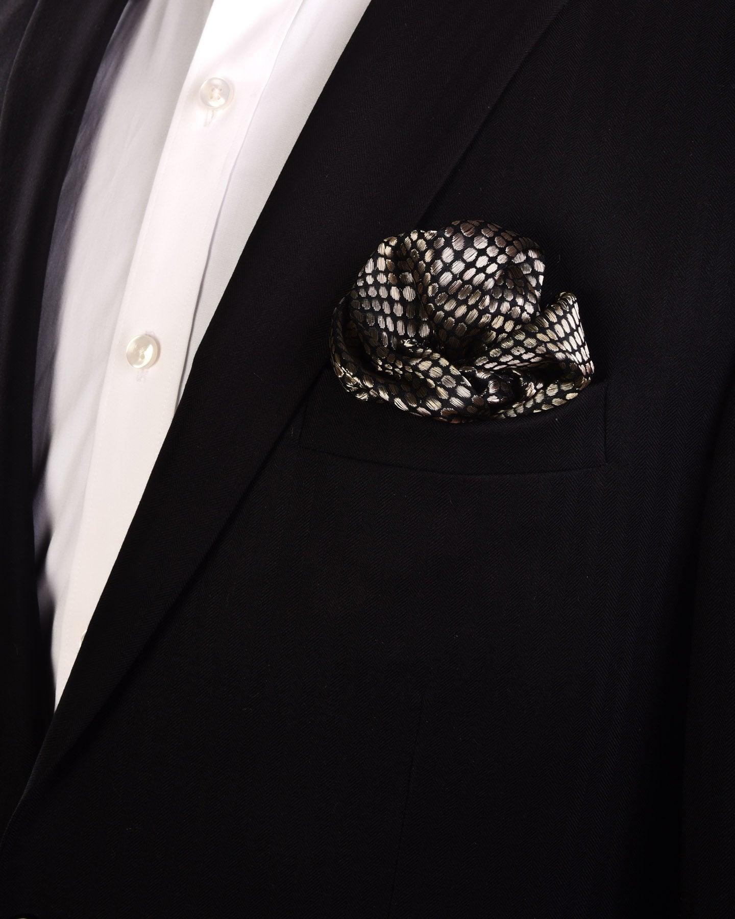 Black Python Metallic Zari Brocade Handwoven Pure Silk Pocket Square For Men - By HolyWeaves, Benares
