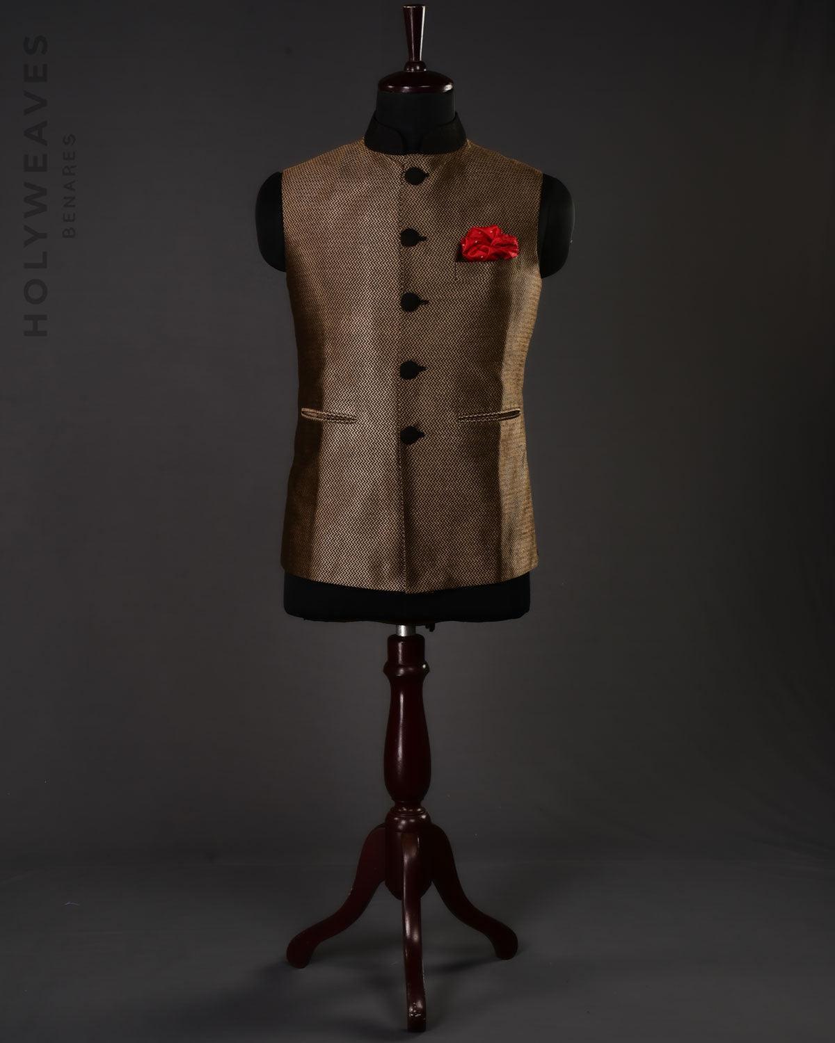 Black Silk Brocade Slim Fit Mens Modi Jacket - By HolyWeaves, Benares