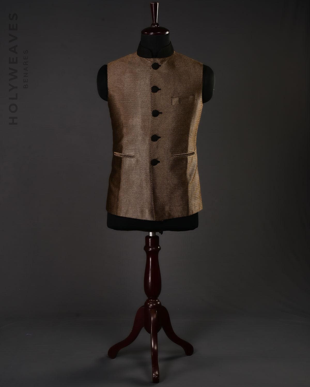 Black Silk Brocade Slim Fit Mens Modi Jacket - By HolyWeaves, Benares