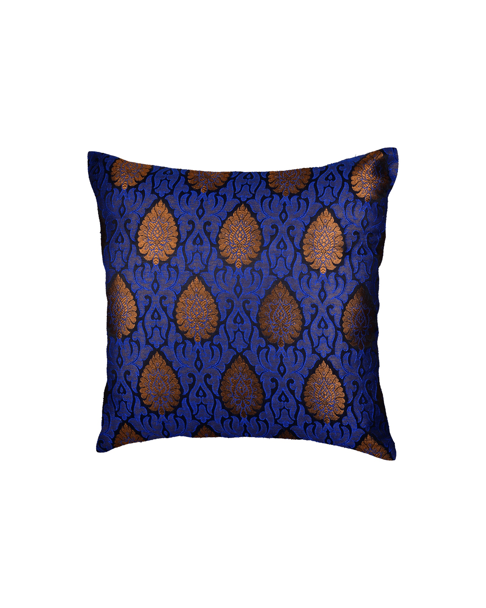 Blue Banarasi Brocade Poly Silk Cushion Cover 16" - By HolyWeaves, Benares