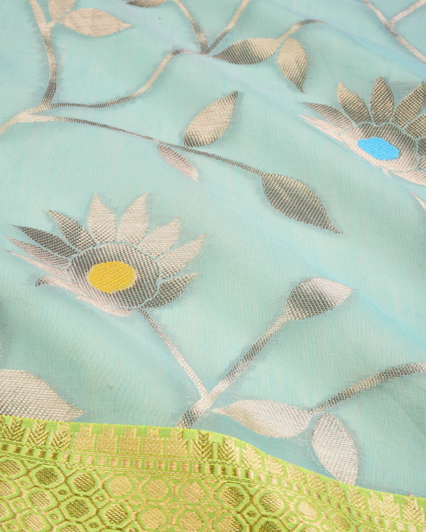 Blue Banarasi Floral Jaal Cutwork Brocade Woven Cotton Silk Saree - By HolyWeaves, Benares