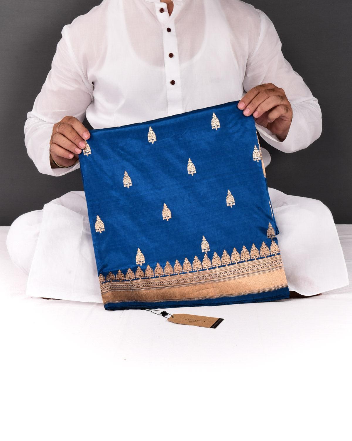 Blue Banarasi Gold Zari Buti Kadhuan Brocade Handwoven Katan Silk Saree - By HolyWeaves, Benares