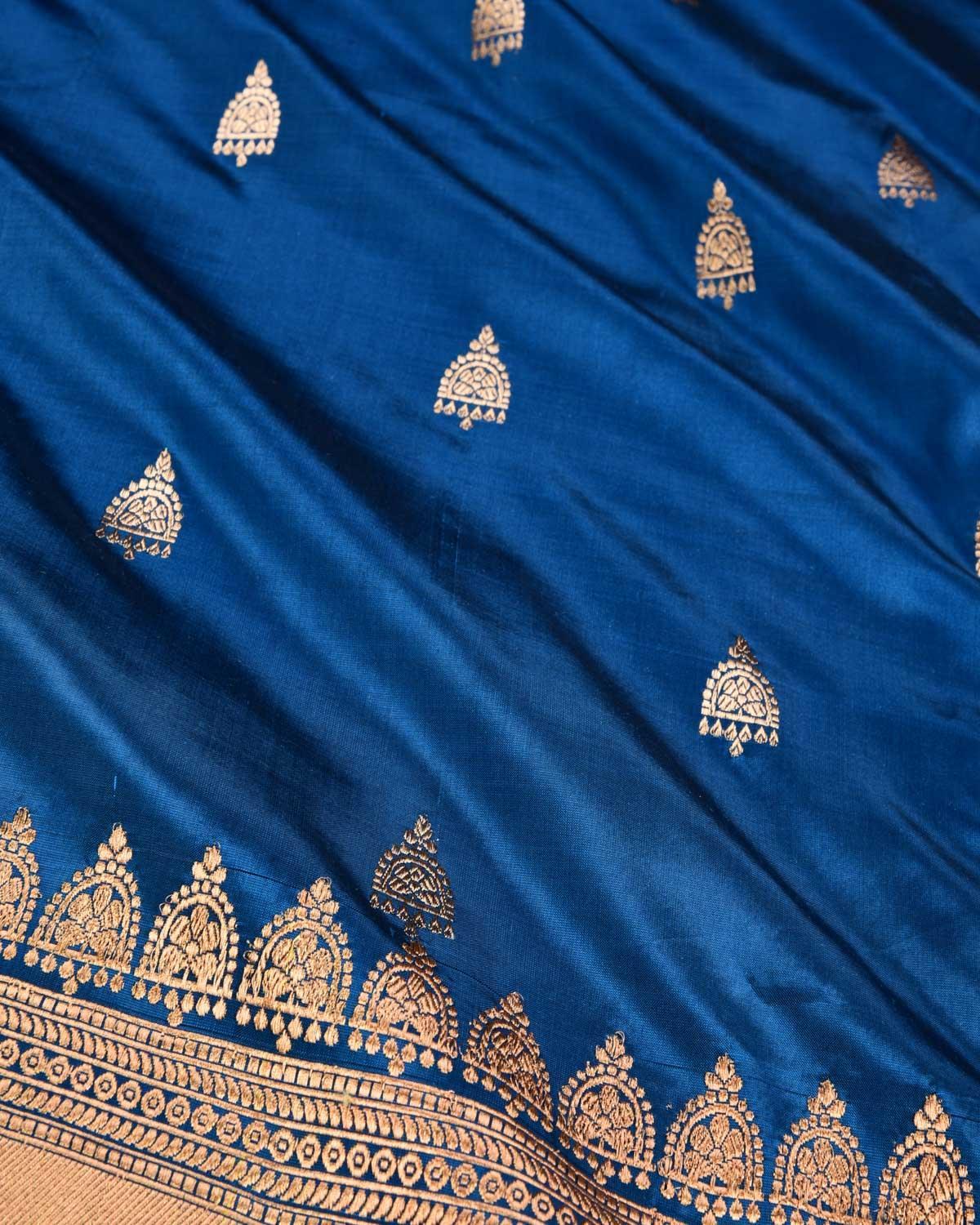 Blue Banarasi Gold Zari Buti Kadhuan Brocade Handwoven Katan Silk Saree - By HolyWeaves, Benares