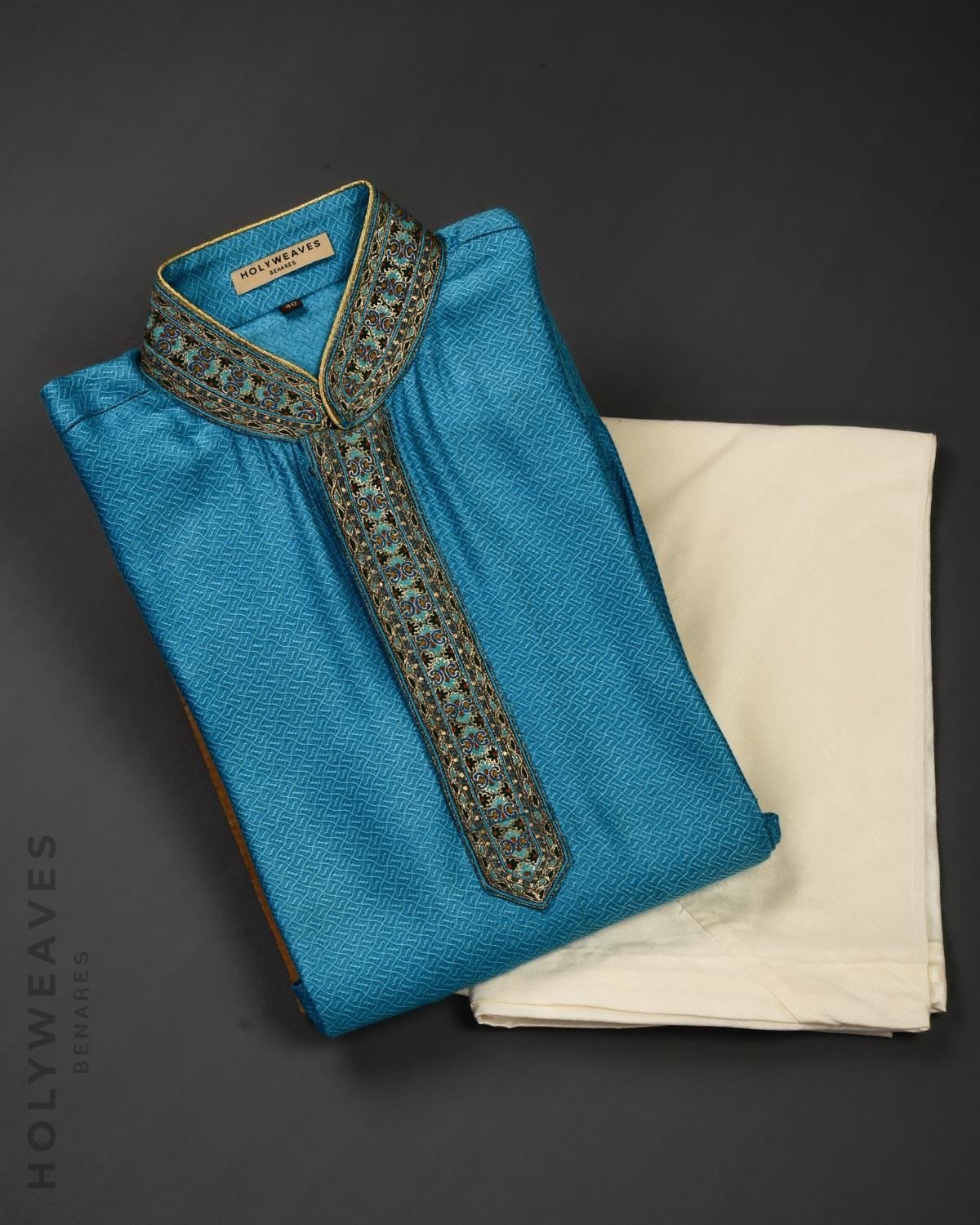 Blue Banarasi Hand-embroidered Cotton Silk Mens Kurta Pyjama - By HolyWeaves, Benares