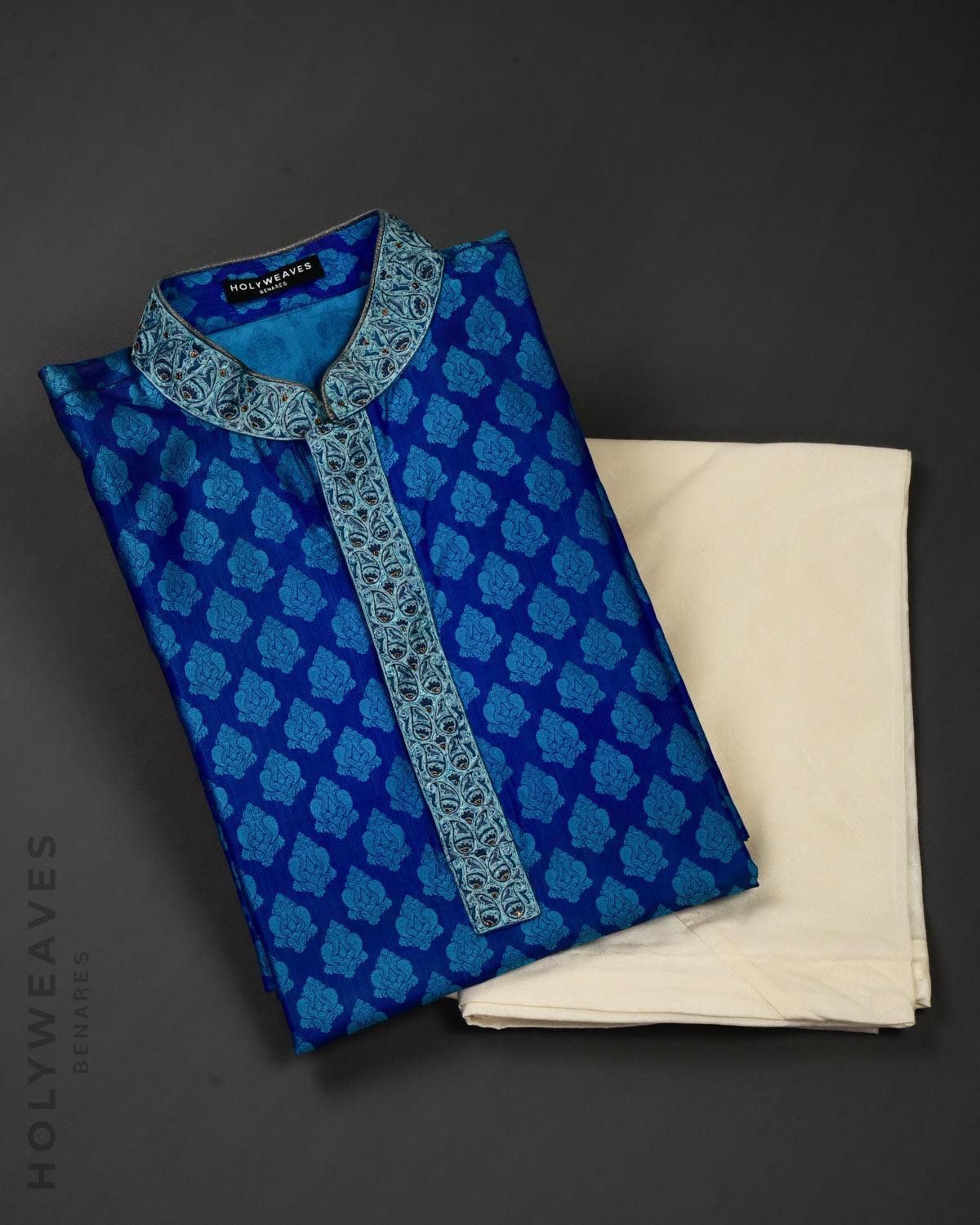 Blue Banarasi Hand-embroidered Silk Mens Kurta Pyjama - By HolyWeaves, Benares