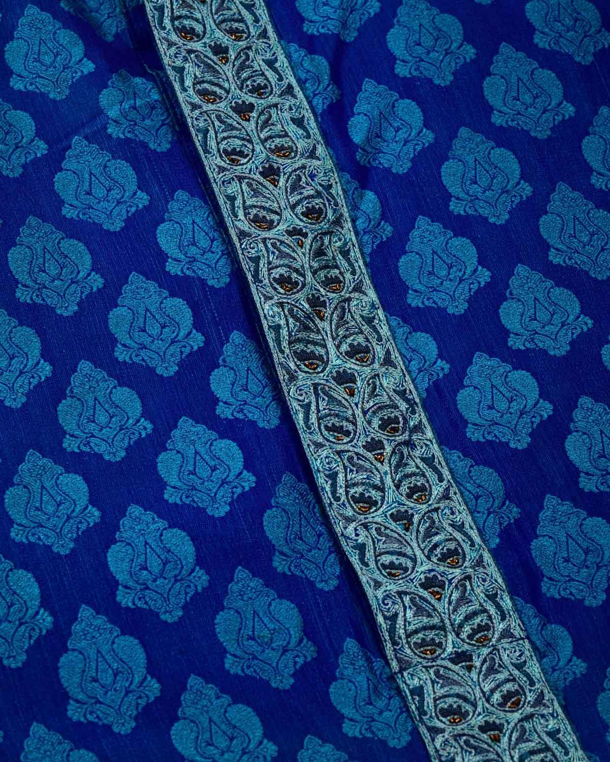 Blue Banarasi Hand-embroidered Silk Mens Kurta Pyjama - By HolyWeaves, Benares