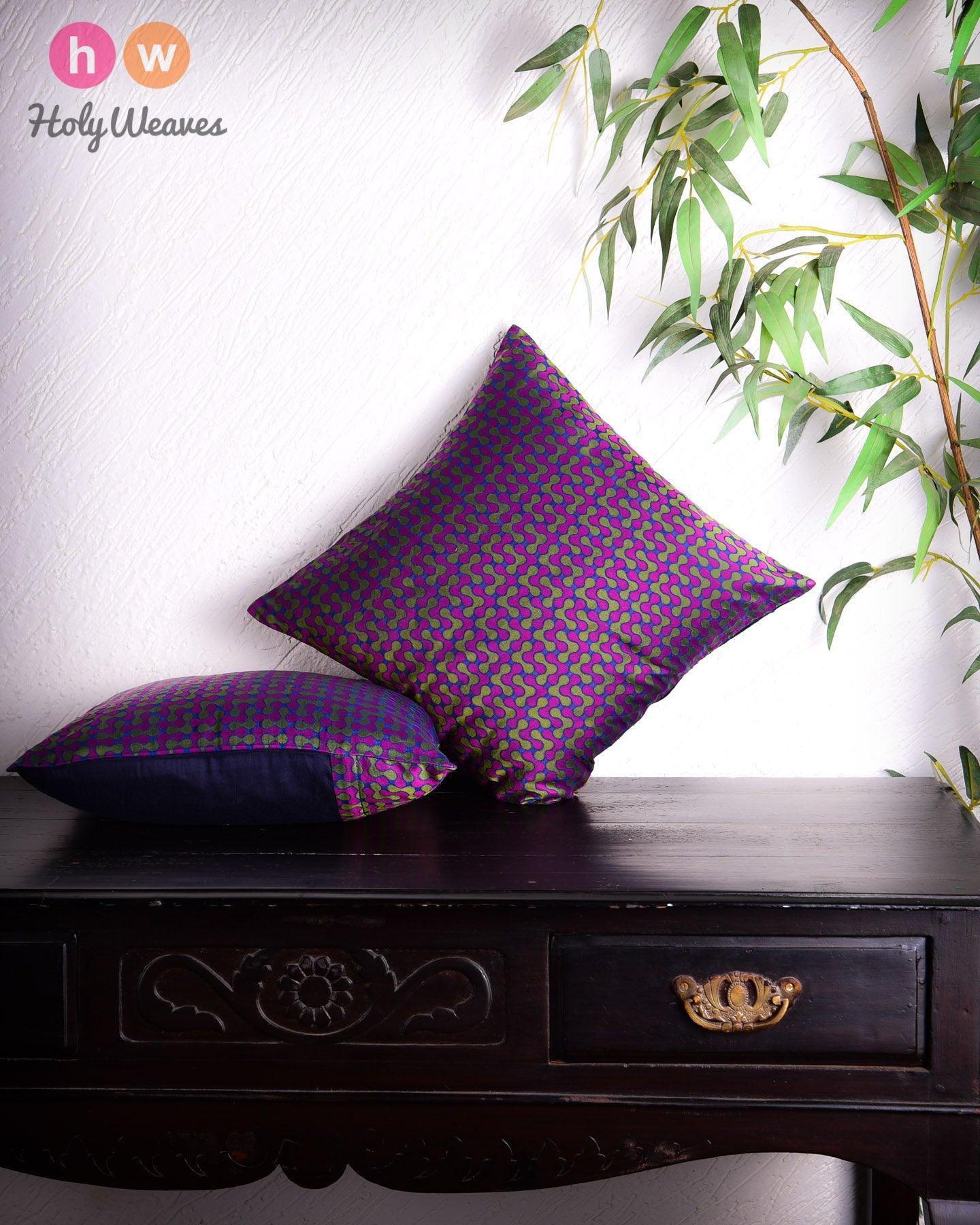 Blue Banarasi Handloom Noile Silk Cushion Cover 16" - By HolyWeaves, Benares