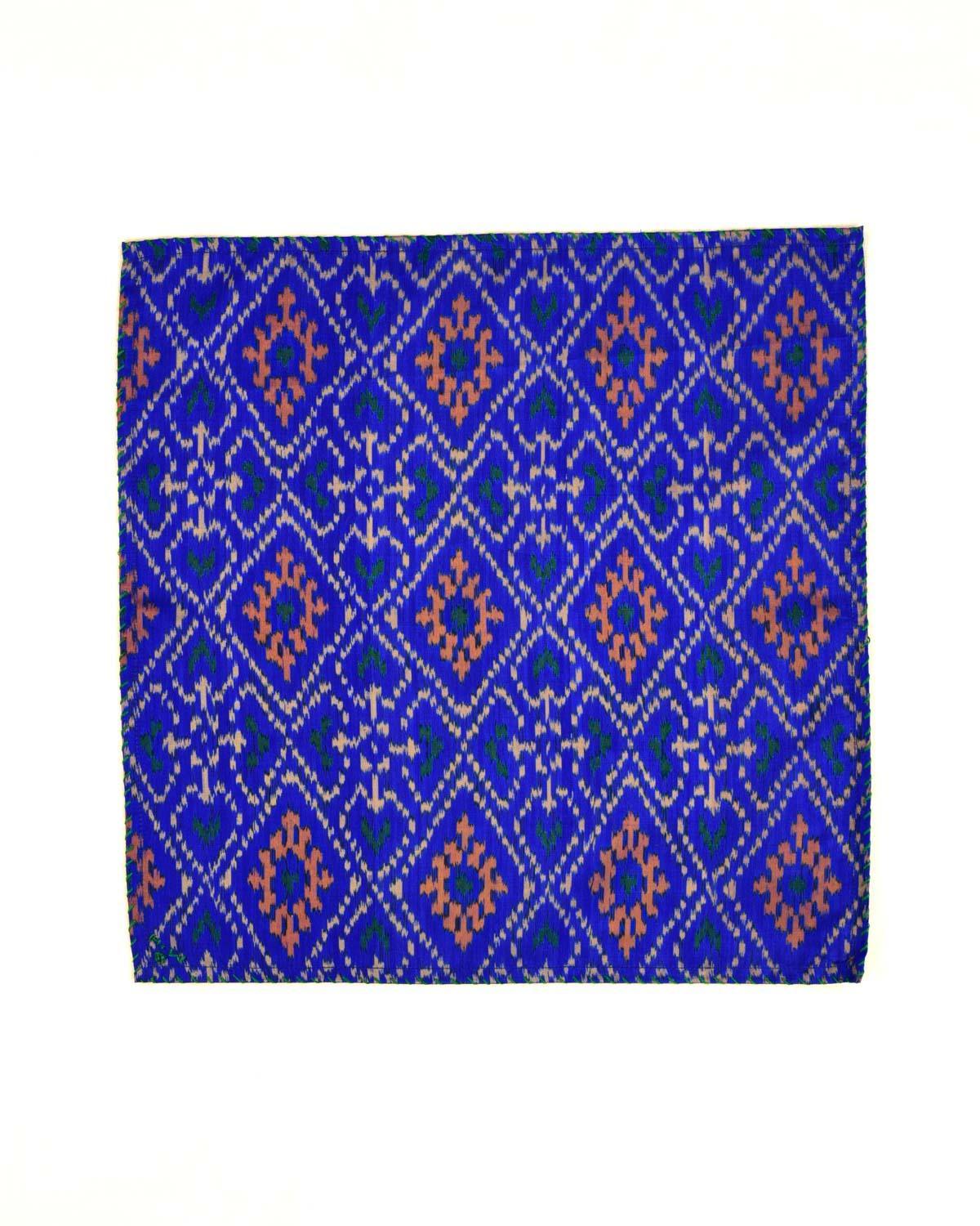 Blue Banarasi Ikat Handwoven Silk Pocket Square - By HolyWeaves, Benares