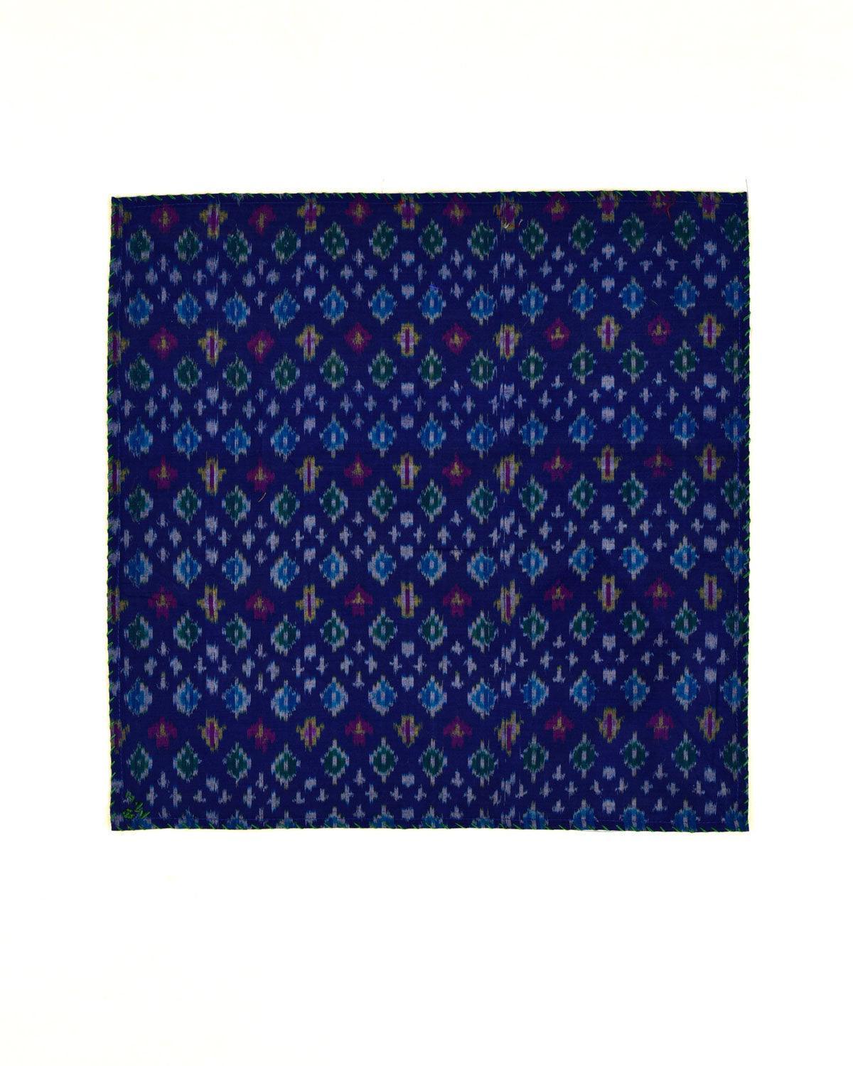 Blue Banarasi Multi Color Buti Ikat Handwoven Cotton Pocket Square - By HolyWeaves, Benares