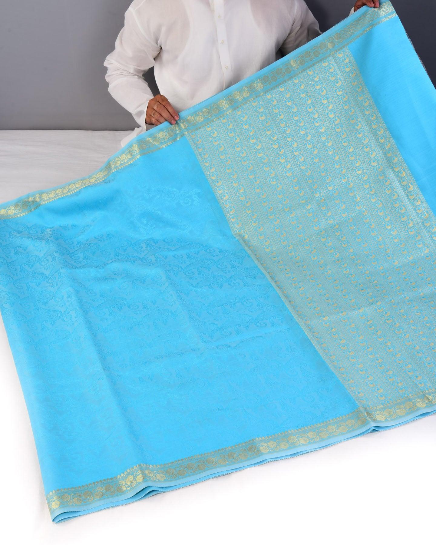 Blue Banarasi Resham Tanchoi Woven Art Silk Saree with Brocade Border - By HolyWeaves, Benares