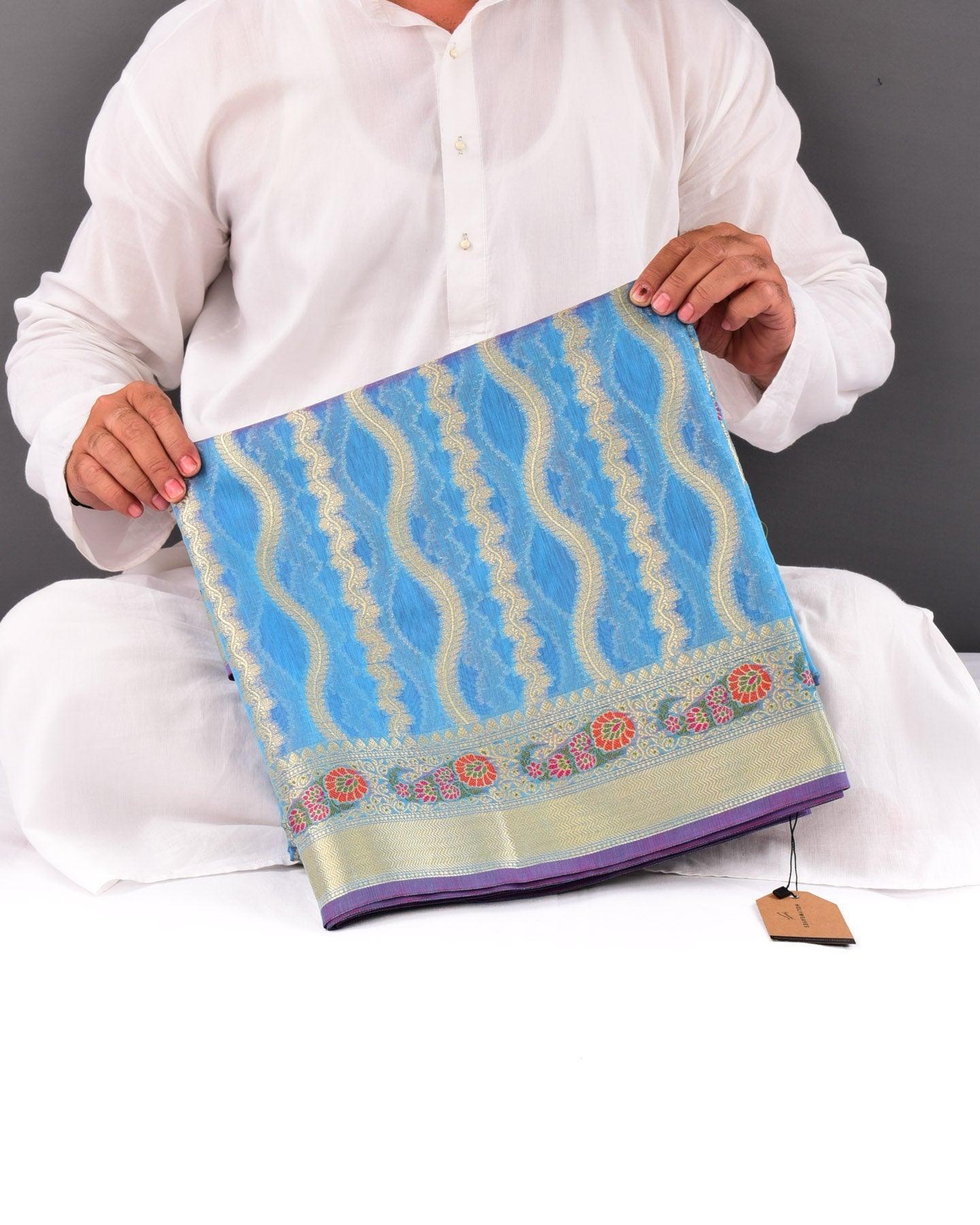 Blue Banarasi Spiral Zari Stripes Cutwork Brocade Woven Cotton Silk Saree with Meena Bel Brocade Border - By HolyWeaves, Benares