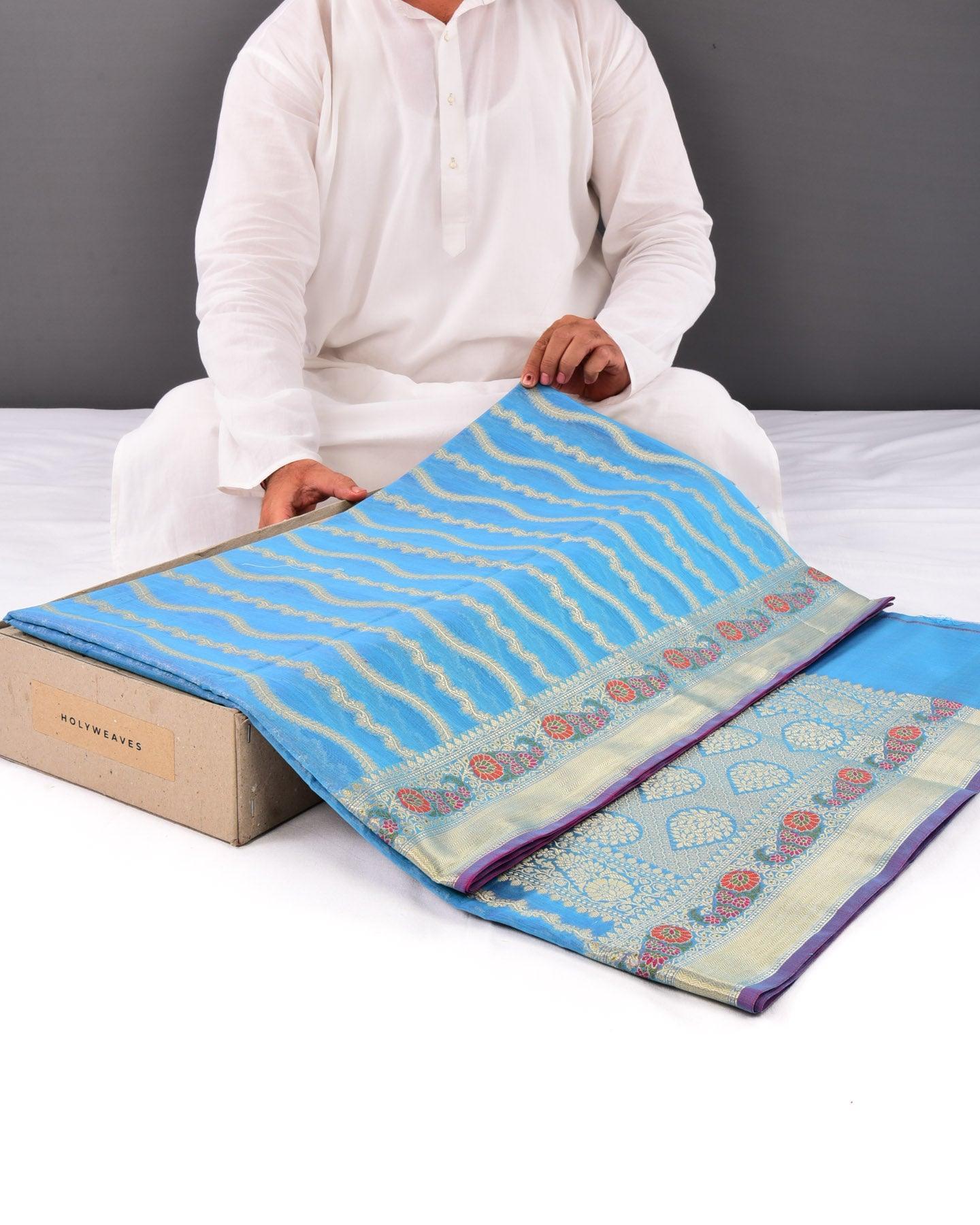 Blue Banarasi Spiral Zari Stripes Cutwork Brocade Woven Cotton Silk Saree with Meena Bel Brocade Border - By HolyWeaves, Benares