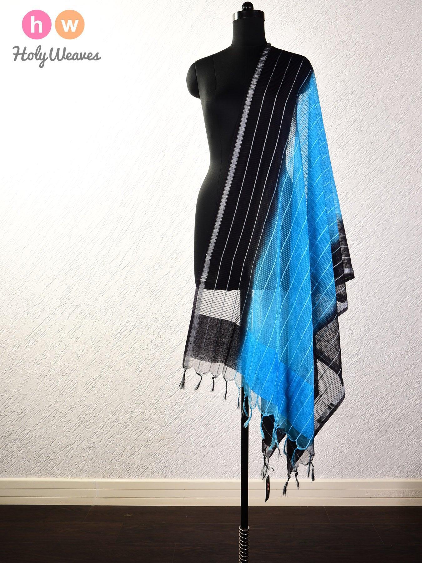 Blue-Black Noil Pin Stripes Woven Cotton Silk Dupatta - By HolyWeaves, Benares