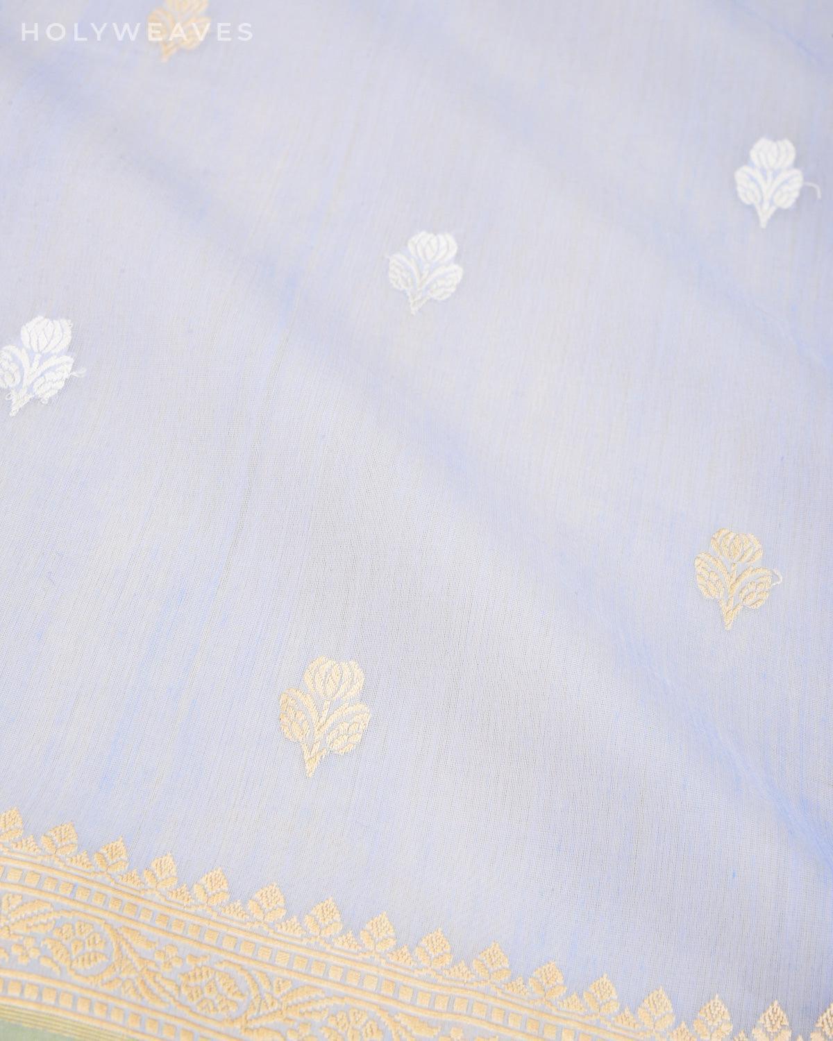 Blue-Gray Banarasi Gold & Silver Buti Kadhuan Brocade Handwoven Cotton Silk Saree - By HolyWeaves, Benares