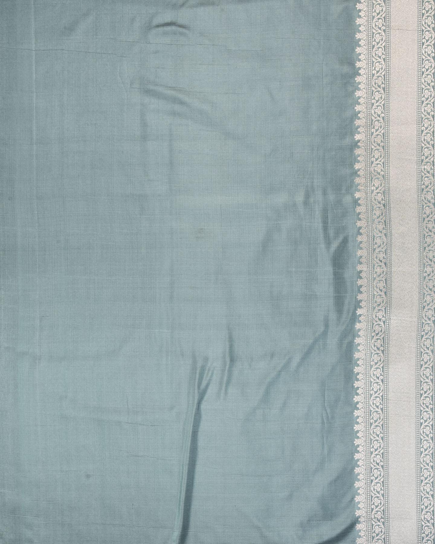 Blue Gray Banarasi Silver Zari Brocade Handwoven Katan Silk Saree - By HolyWeaves, Benares