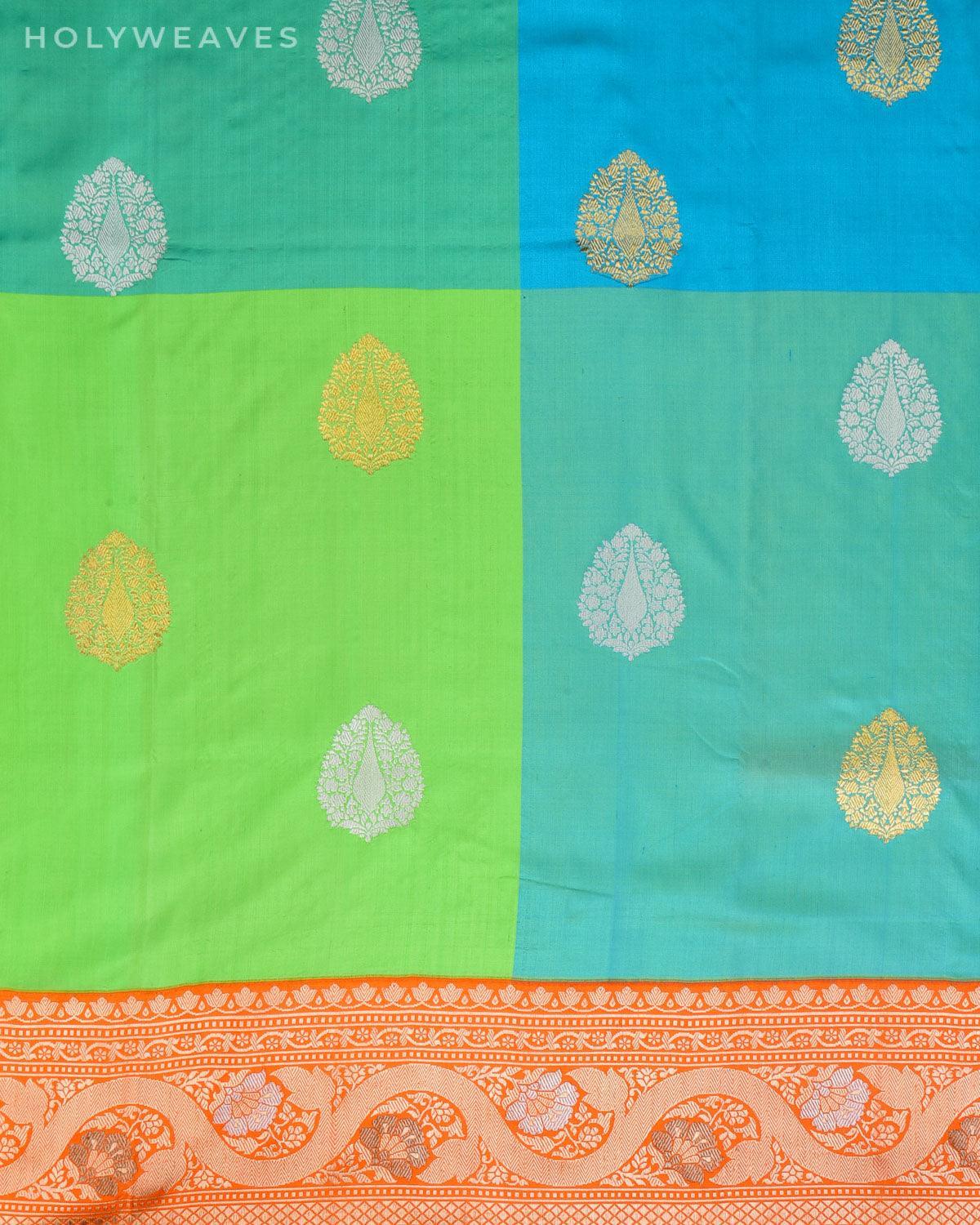 Blue-Green Banarasi Chequered Kadhuan Brocade Handwoven Katan Silk Saree with Pink Kadiyal Border - By HolyWeaves, Benares