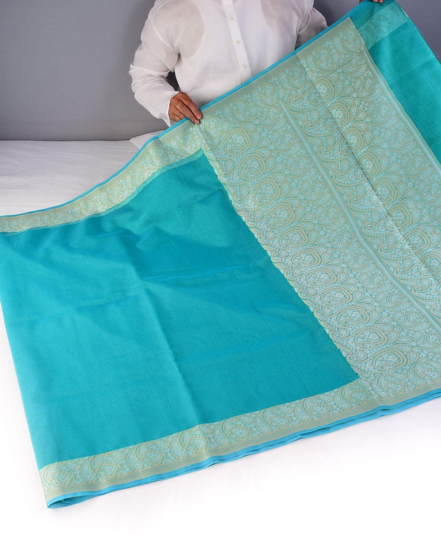 Blue Green Banarasi Cutwork Brocade Woven Art Cotton Silk Saree with Resham Kairi Border Pallu - By HolyWeaves, Benares