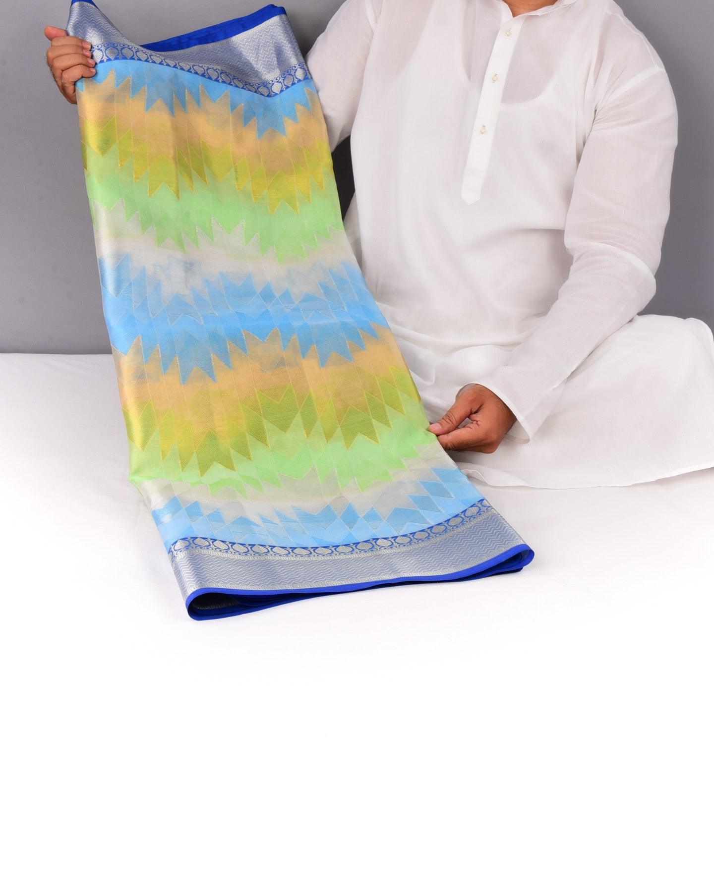 Blue-Green Banarasi Kaleidoscopic Waves Cutwork Brocade Woven Art Kora Silk Saree - By HolyWeaves, Benares