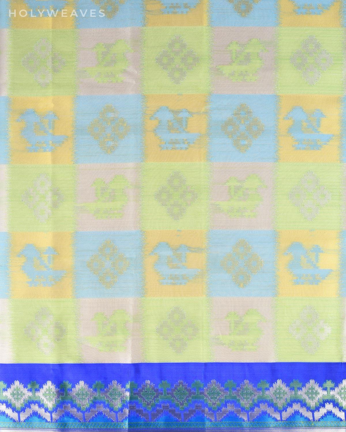 Blue-Green Banarasi Zari Patola Cutwork Brocade Woven Art Kora Silk Saree - By HolyWeaves, Benares