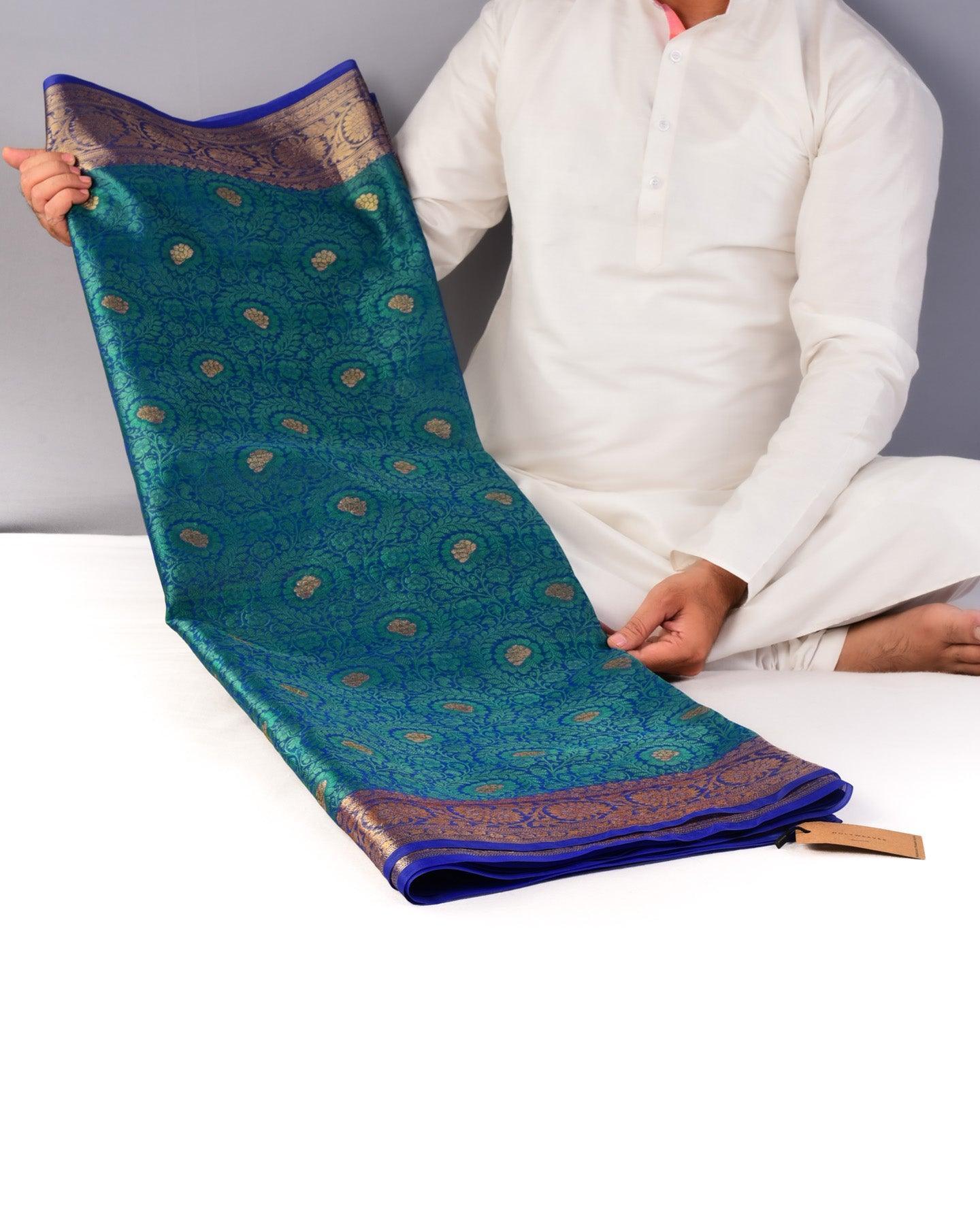 Blue-Green Floral Jangla Cutwork Brocade Woven Art Cotton Silk Saree - By HolyWeaves, Benares