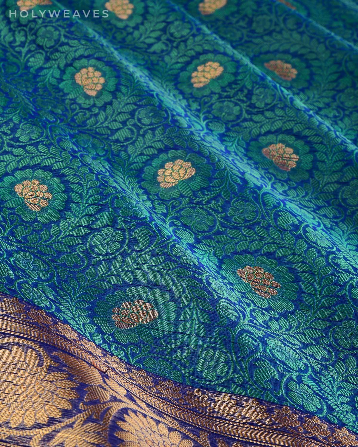 Blue-Green Floral Jangla Cutwork Brocade Woven Art Cotton Silk Saree - By HolyWeaves, Benares