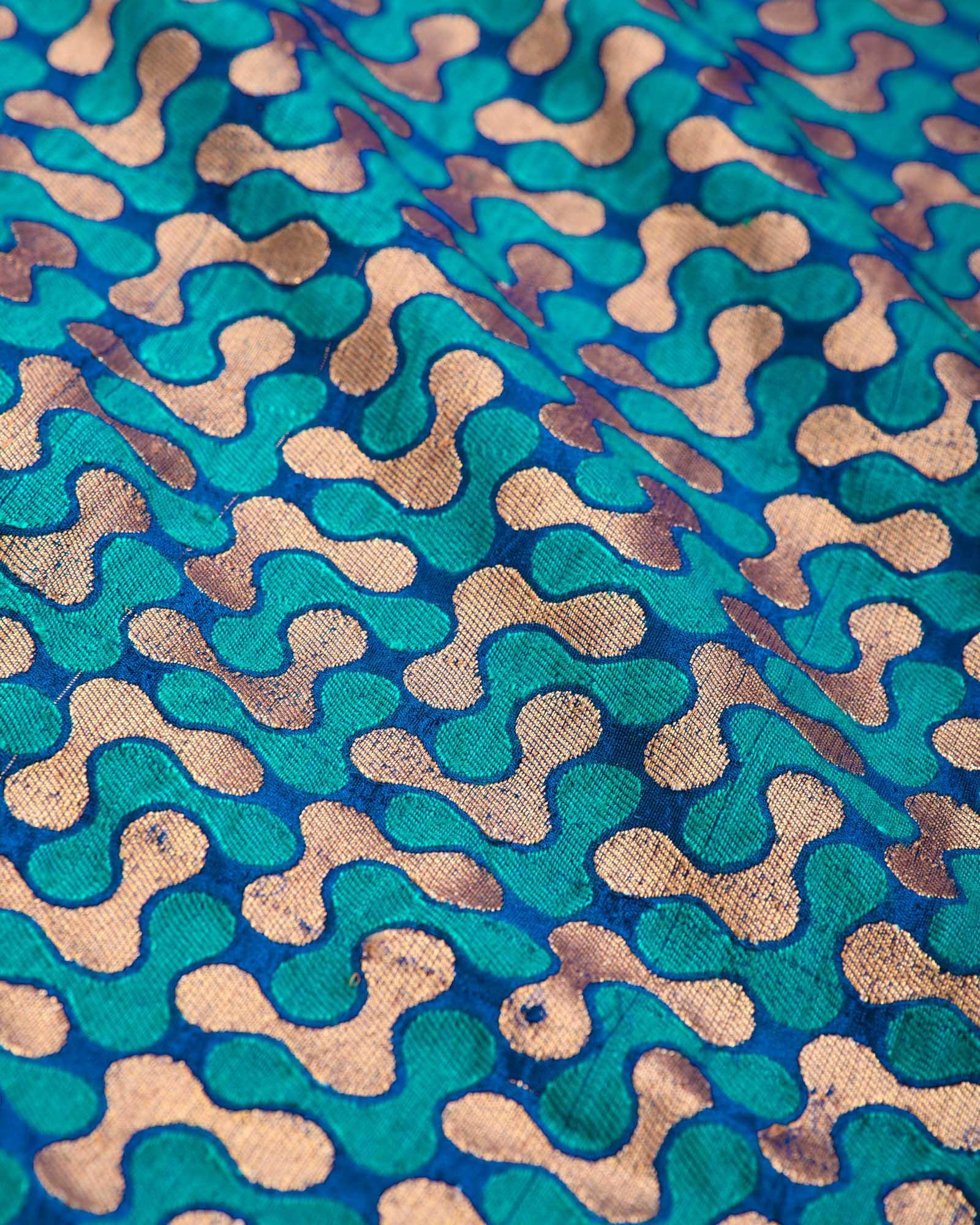 Blue-Green Zari Brocade Handwoven Pure Silk Pocket Square For Men - By HolyWeaves, Benares