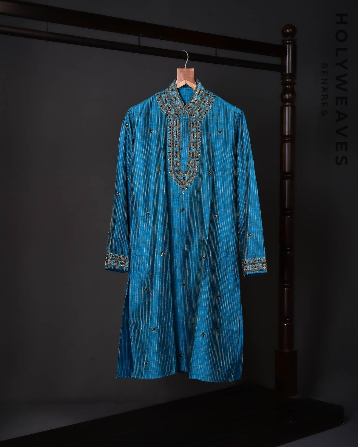 Blue Hand-embroidered Art Silk Mens Kurta Pyjama - By HolyWeaves, Benares