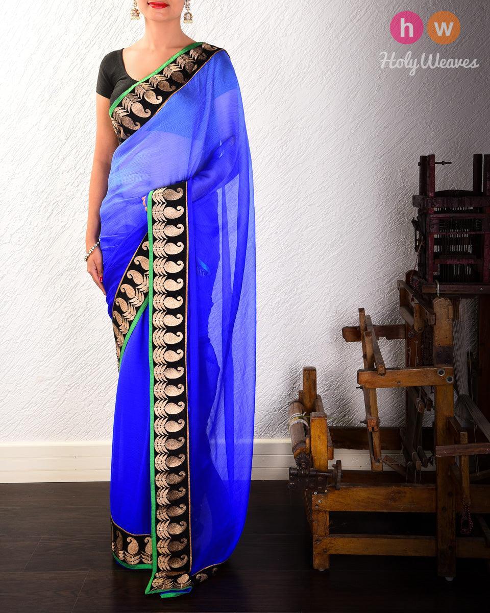 Blue Hand-embroidered Georgette Saree - By HolyWeaves, Benares