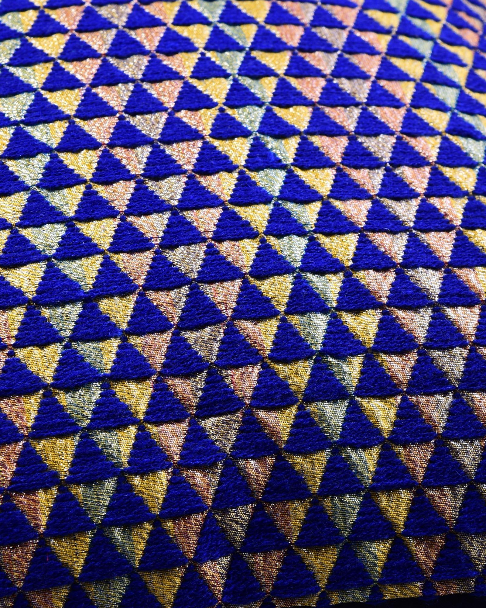 Blue Handloom Triangle & Tissue Silk Wool Cushion Cover 16" - By HolyWeaves, Benares