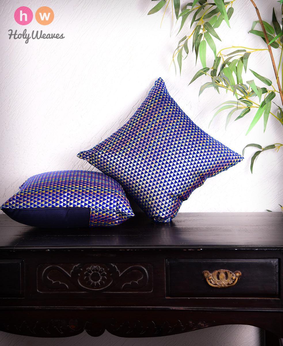 Blue Handloom Triangle & Tissue Silk Wool Cushion Cover 16" - By HolyWeaves, Benares