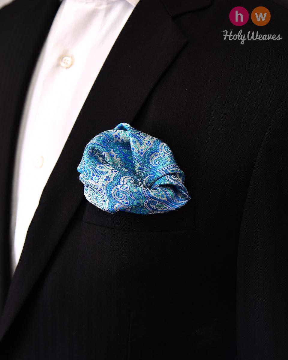 Blue Jamawar Handwoven Pure Silk Pocket Square For Men - By HolyWeaves, Benares