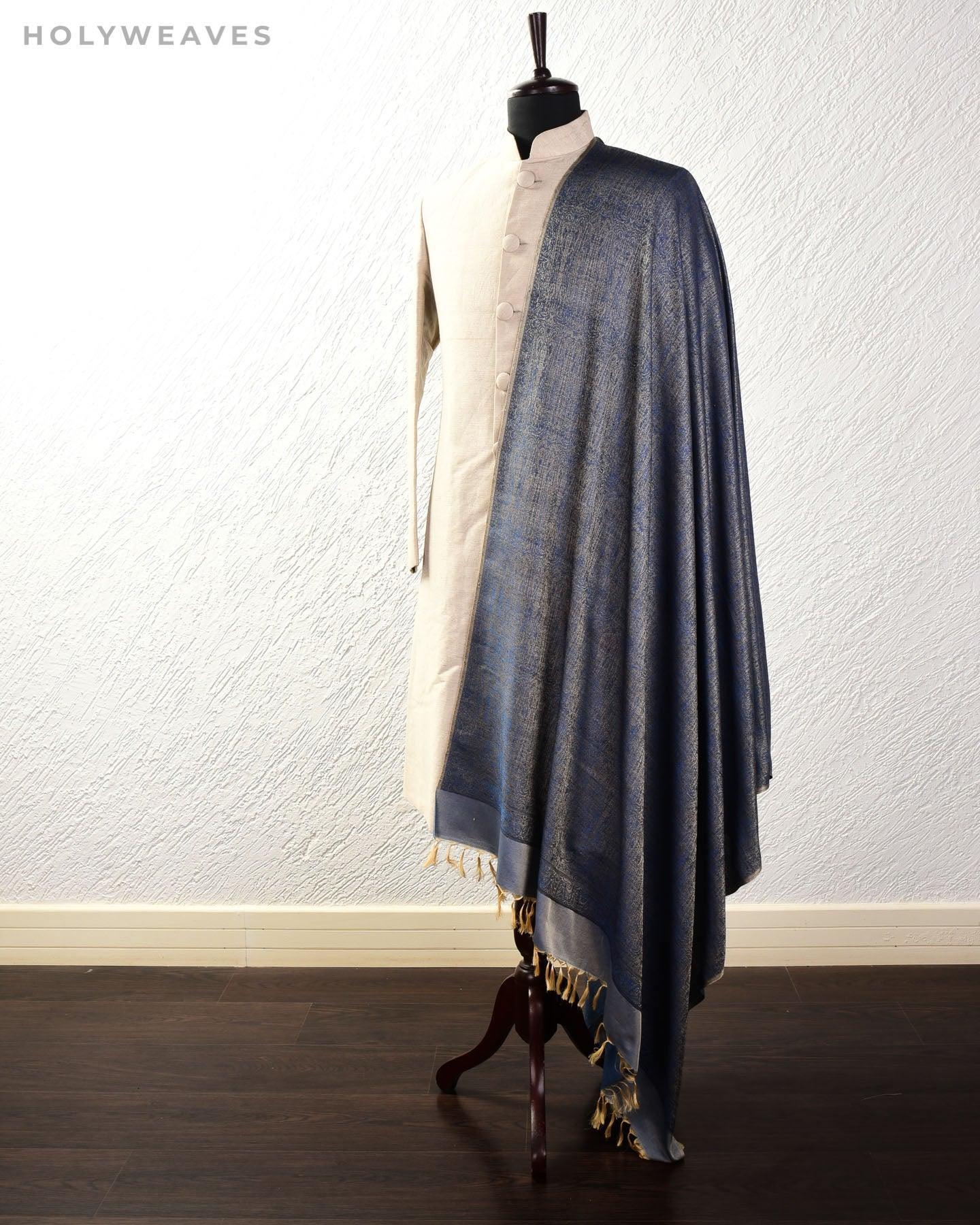 Blue on Beige Banarasi Alfi Jamawar Handwoven Silk-wool Shawl - By HolyWeaves, Benares