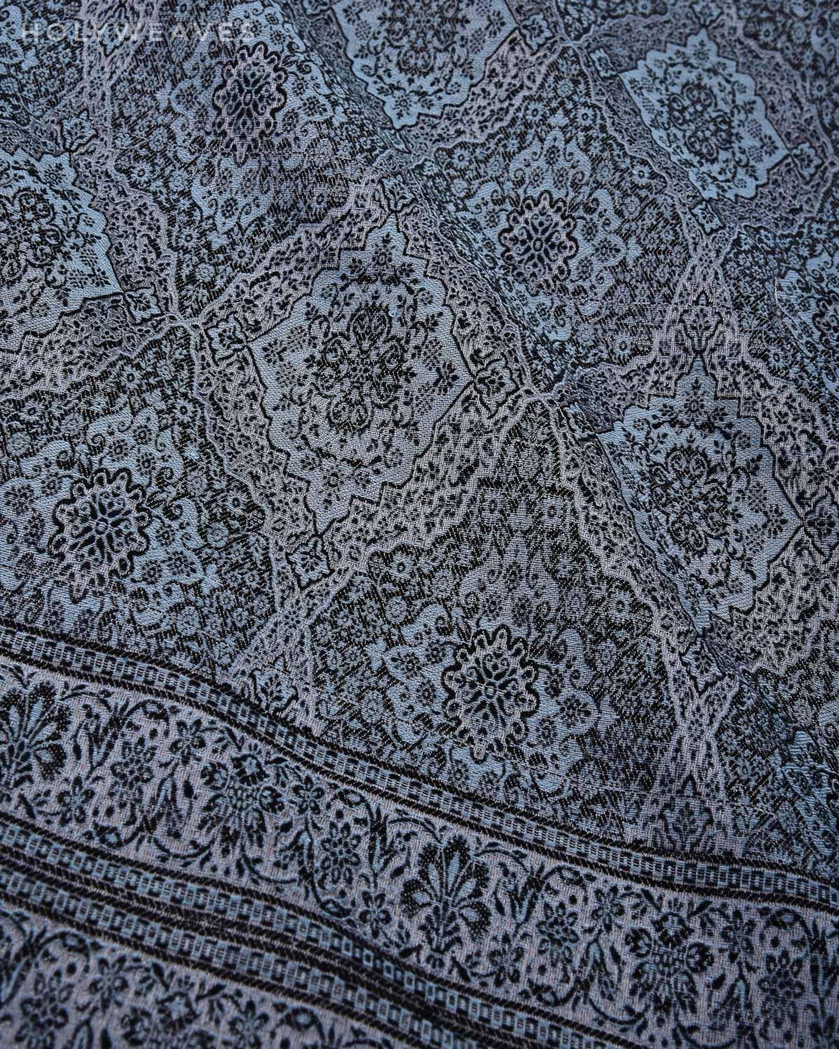 Blue On Gray Banarasi Alfi Damask Jamawar Handwoven Silk-wool Shawl - By HolyWeaves, Benares