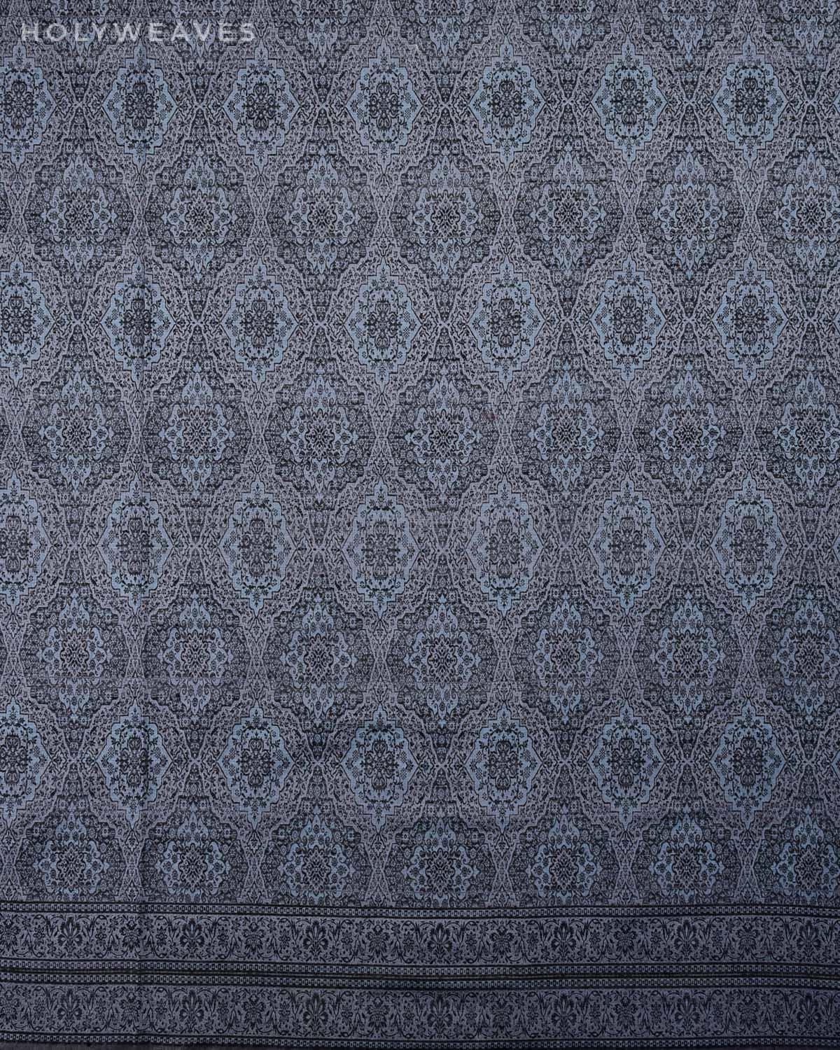 Blue On Gray Banarasi Alfi Damask Jamawar Handwoven Silk-wool Shawl - By HolyWeaves, Benares