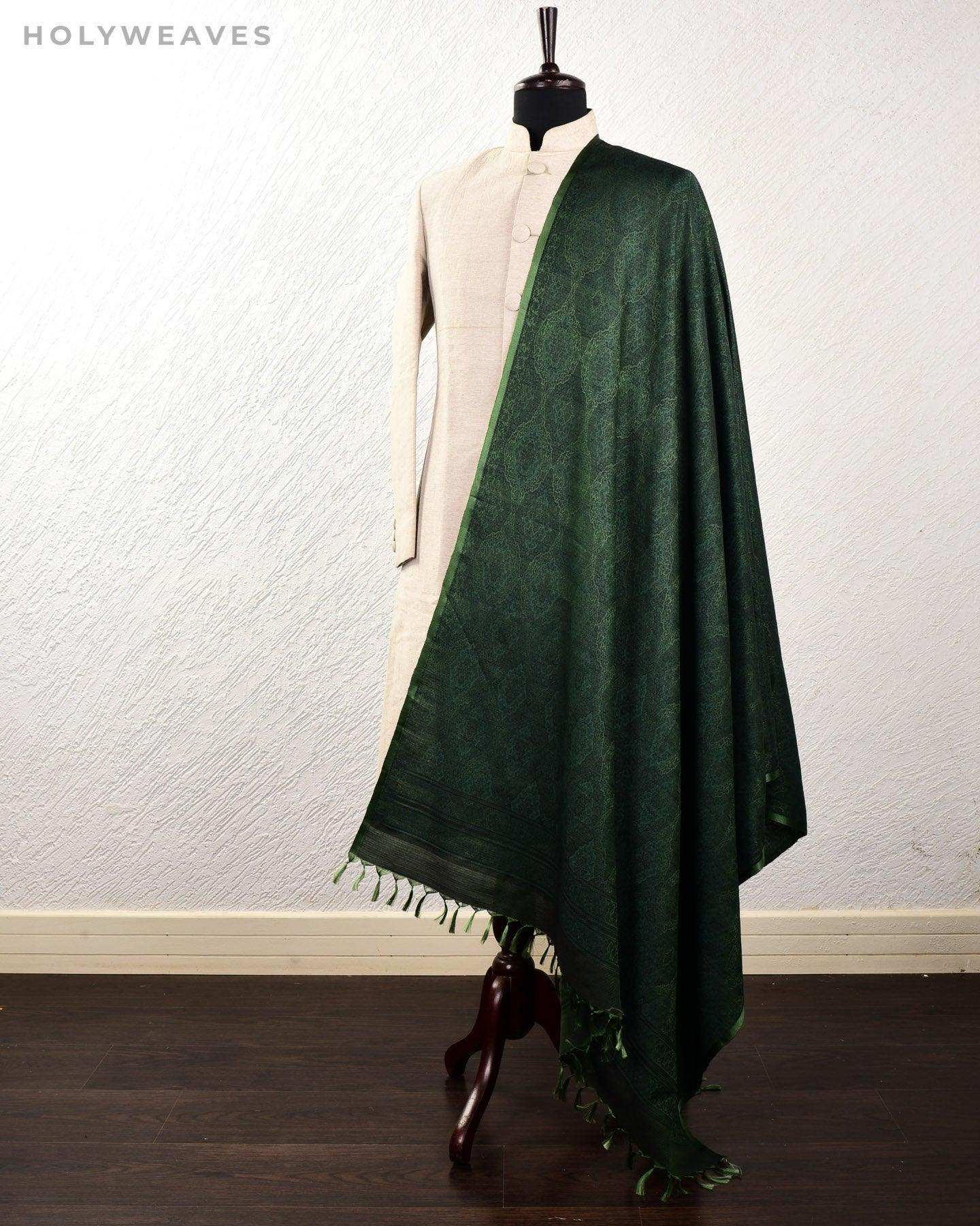 Blue On Green Banarasi Alfi Damask Jamawar Handwoven Silk-wool Shawl - By HolyWeaves, Benares