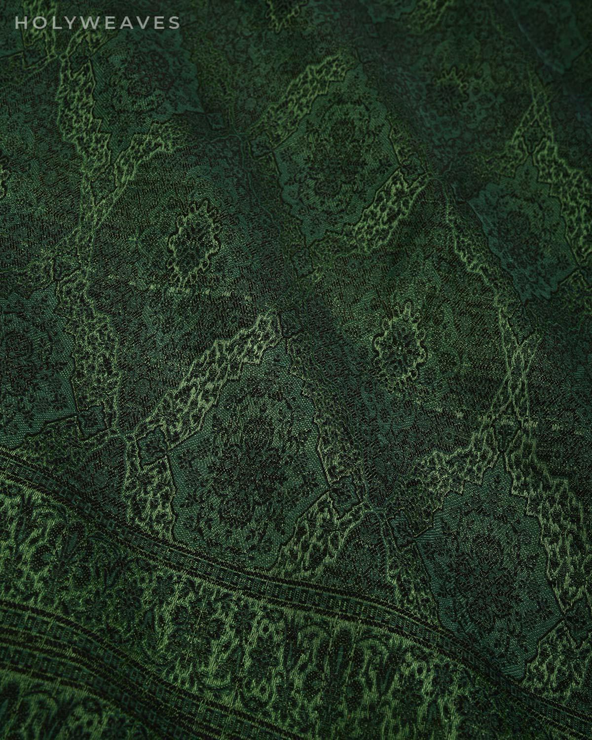Blue On Green Banarasi Alfi Damask Jamawar Handwoven Silk-wool Shawl - By HolyWeaves, Benares