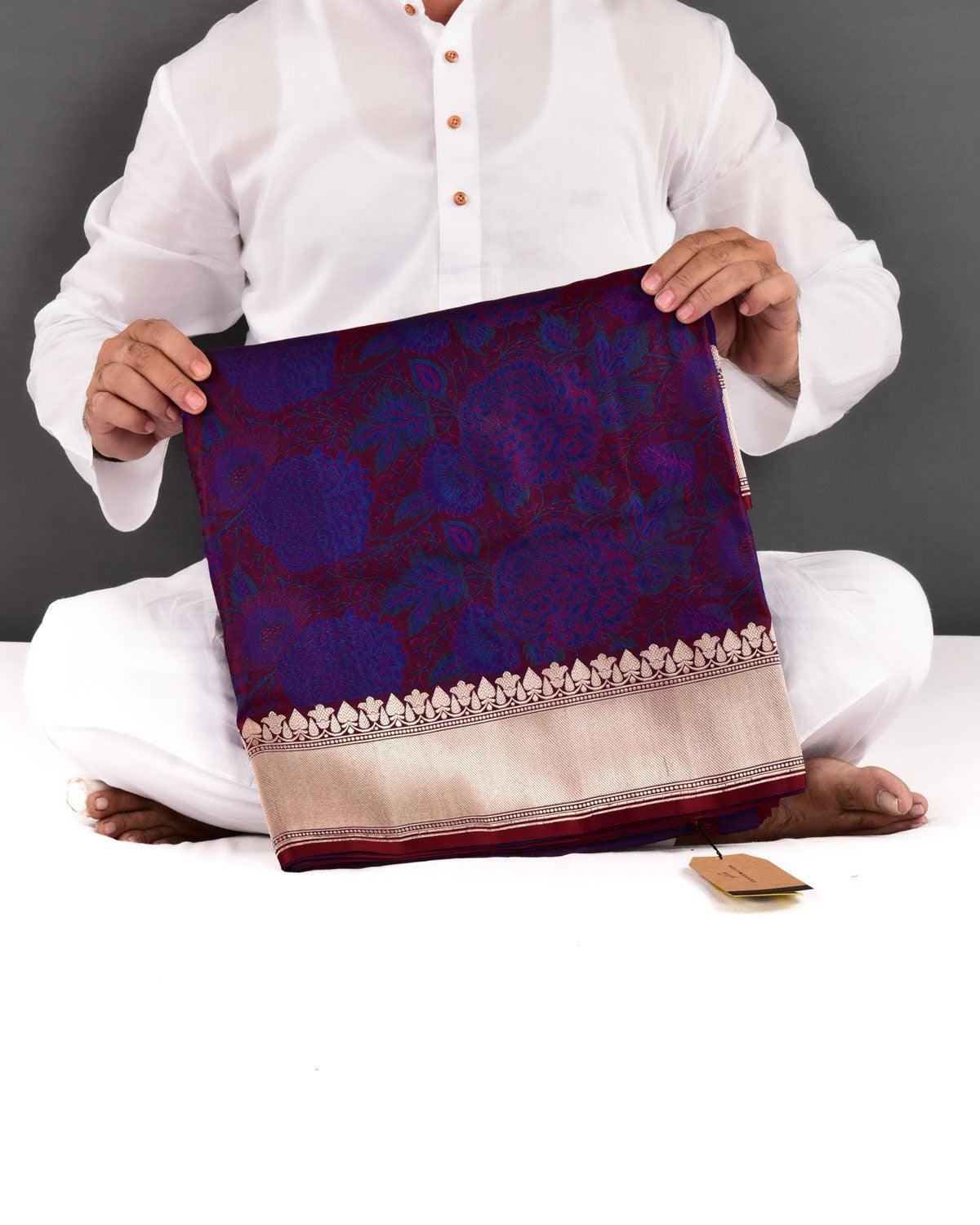 Blue On Maroon Banarasi Resham Tehri Tanchoi Brocade Handwoven Katan Silk Saree - By HolyWeaves, Benares