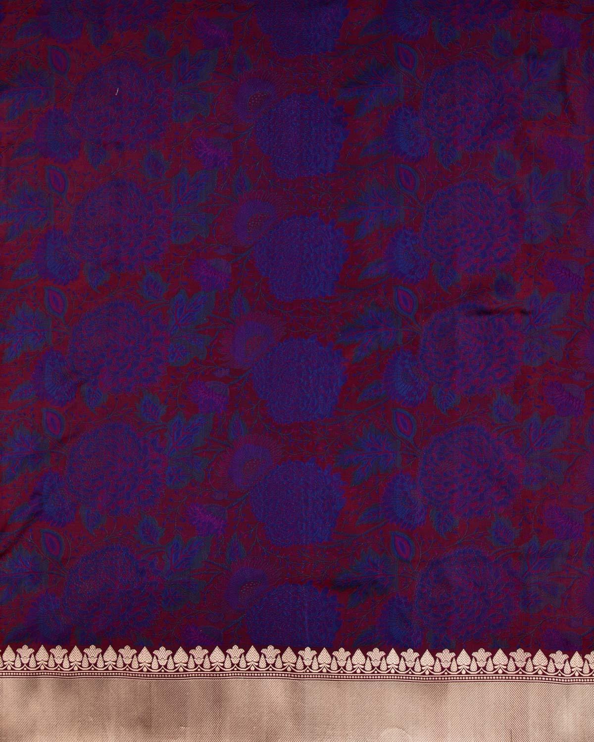 Blue On Maroon Banarasi Resham Tehri Tanchoi Brocade Handwoven Katan Silk Saree - By HolyWeaves, Benares