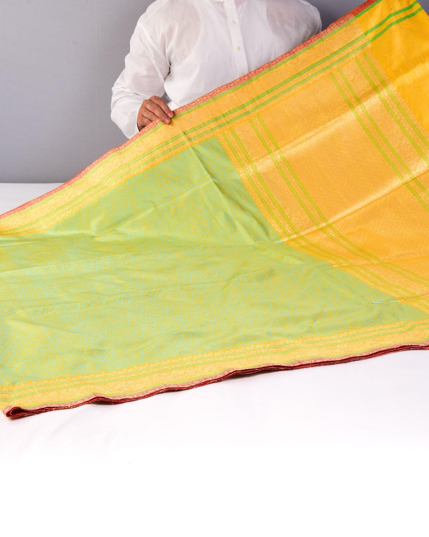 Blue On Yellow Banarasi Tanchoi Brocade Handwoven Katan Silk Saree - By HolyWeaves, Benares