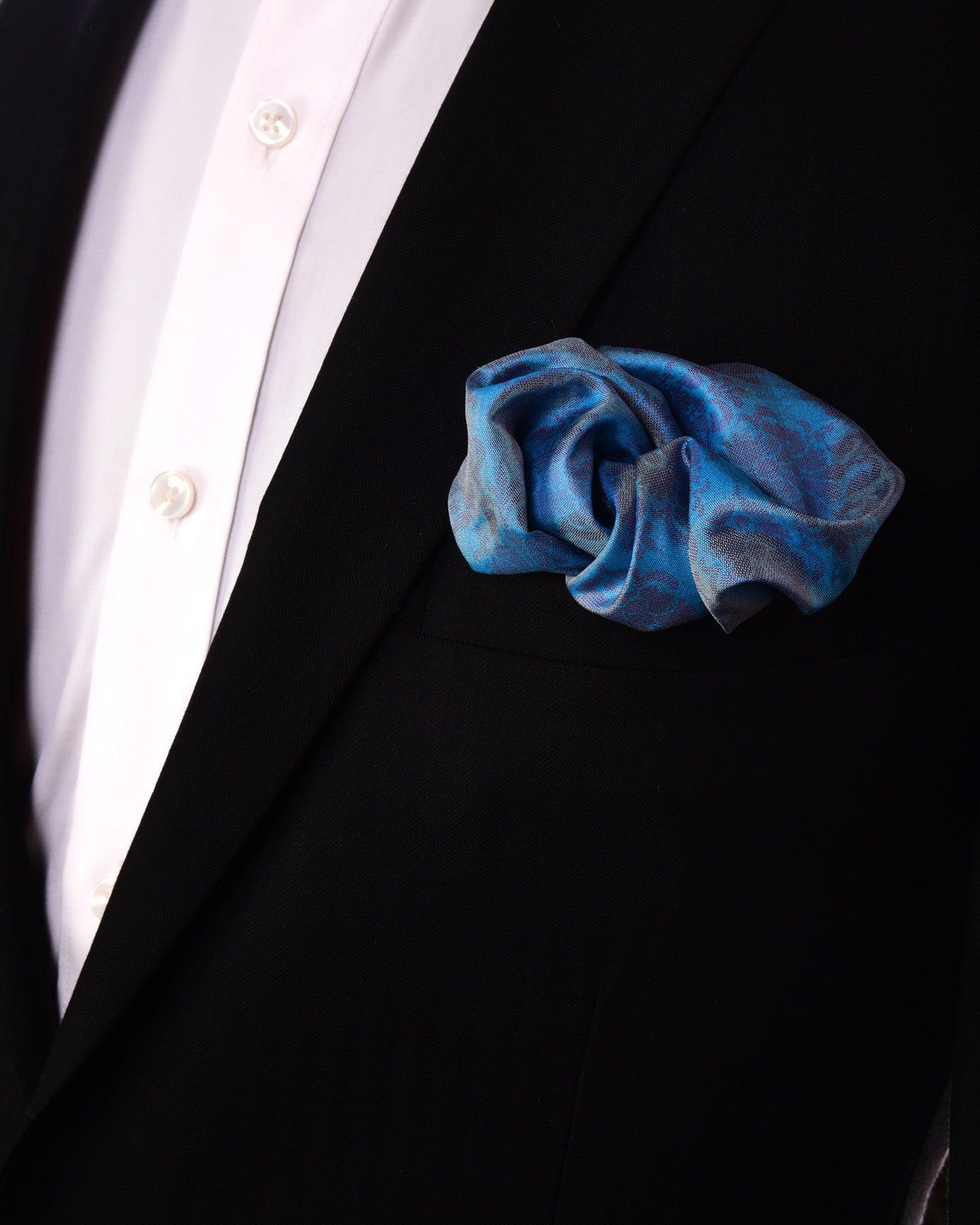 Blue Tanchoi Handwoven Pure Silk Pocket Square For Men - By HolyWeaves, Benares